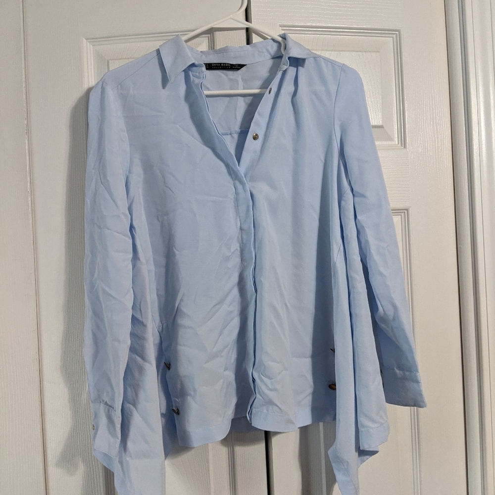 Light Blue Zara Top Geometric Cut Blouse